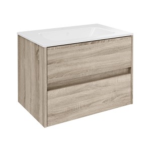 Fackelmann Waschtisch-Set Compact Line, 71 cm, Sonoma Eiche Dekor mit 2 Schubladen und weißem Becken.