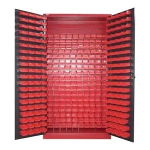 Offener Werkzeugschrank Moldau mit 340 roten Stapelboxen, anthrazit-rot, 120 cm breit.