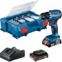 Bosch Professional Akku-Bohrschrauber GSR 18V-45 mit Akkus, Ladegerät und 82-teiligem Zubehör-Set im L-Case.