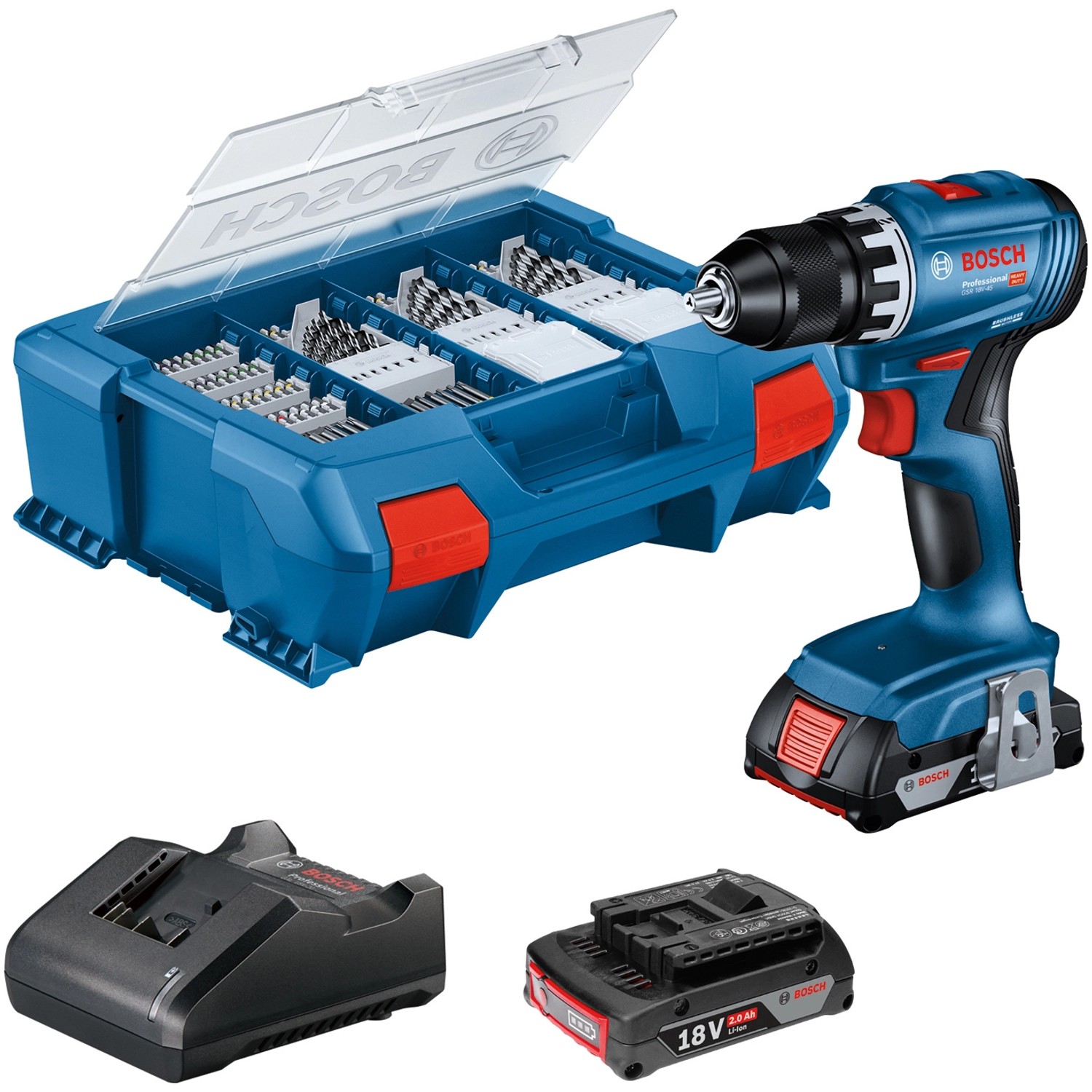 Bosch Professional Akku-Bohrschrauber GSR 18V-45 mit Akkus & 82 AC-Set in L-Case