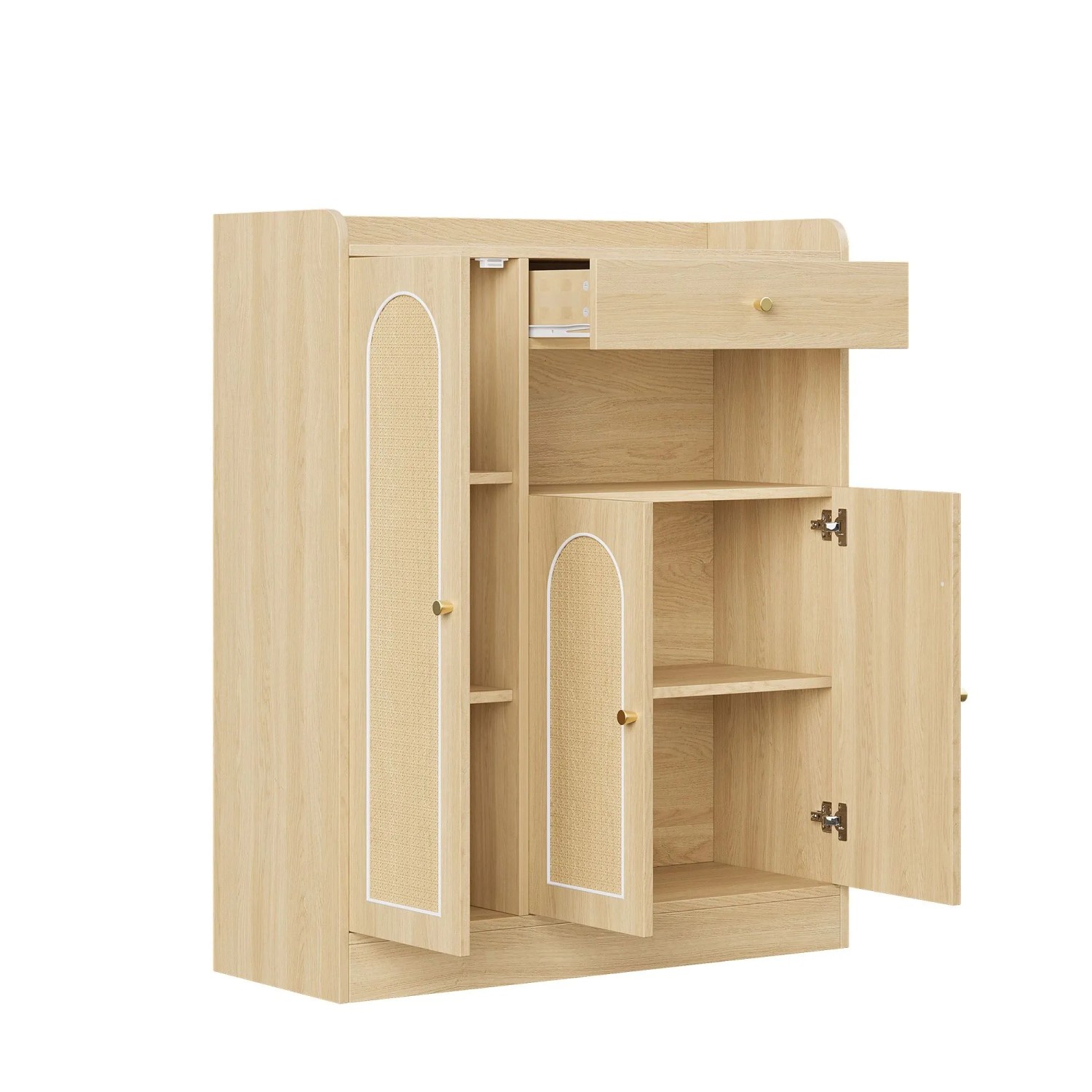 Merax Rattan Schuhschrank in Naturholzoptik mit 3 Türen, davon 2 mit Rattan-Einsatz, und offener Schublade. Wohnzimmerschrank.