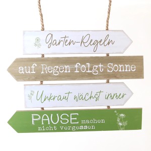 Gartenschild mit Gartenregeln, 35x27 cm, aus MDF mit Juteaufhängung.