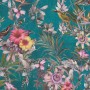 Vliestapete mit Blumenmuster in Blau und Grün. Dekorative Tapete mit floralem Design.