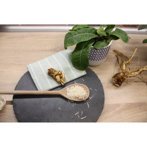 Blu Bio-Meerrettich (Armoracia rusticana) mit Pflanze, Wurzel und gerieben auf einem Teller.