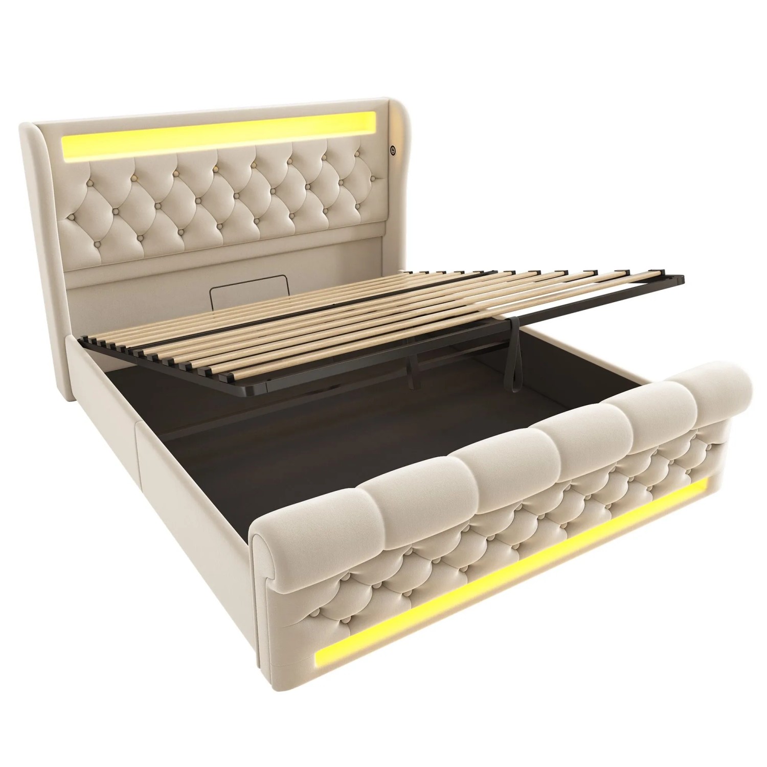 okwish Polsterbett 160x200cm mit LED Beleuchtung Kinderzimmer Beige ohne Matratze