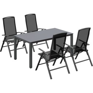 5-teilige Sitzgruppe Vigo in Grau-Schwarz: Aluminium Gartentisch mit 4 klappbaren Stühlen.