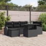 Schwarzes 7-teiliges vidaXL Garten-Sofa-Set aus Poly Rattan mit Tisch und Auflagen.