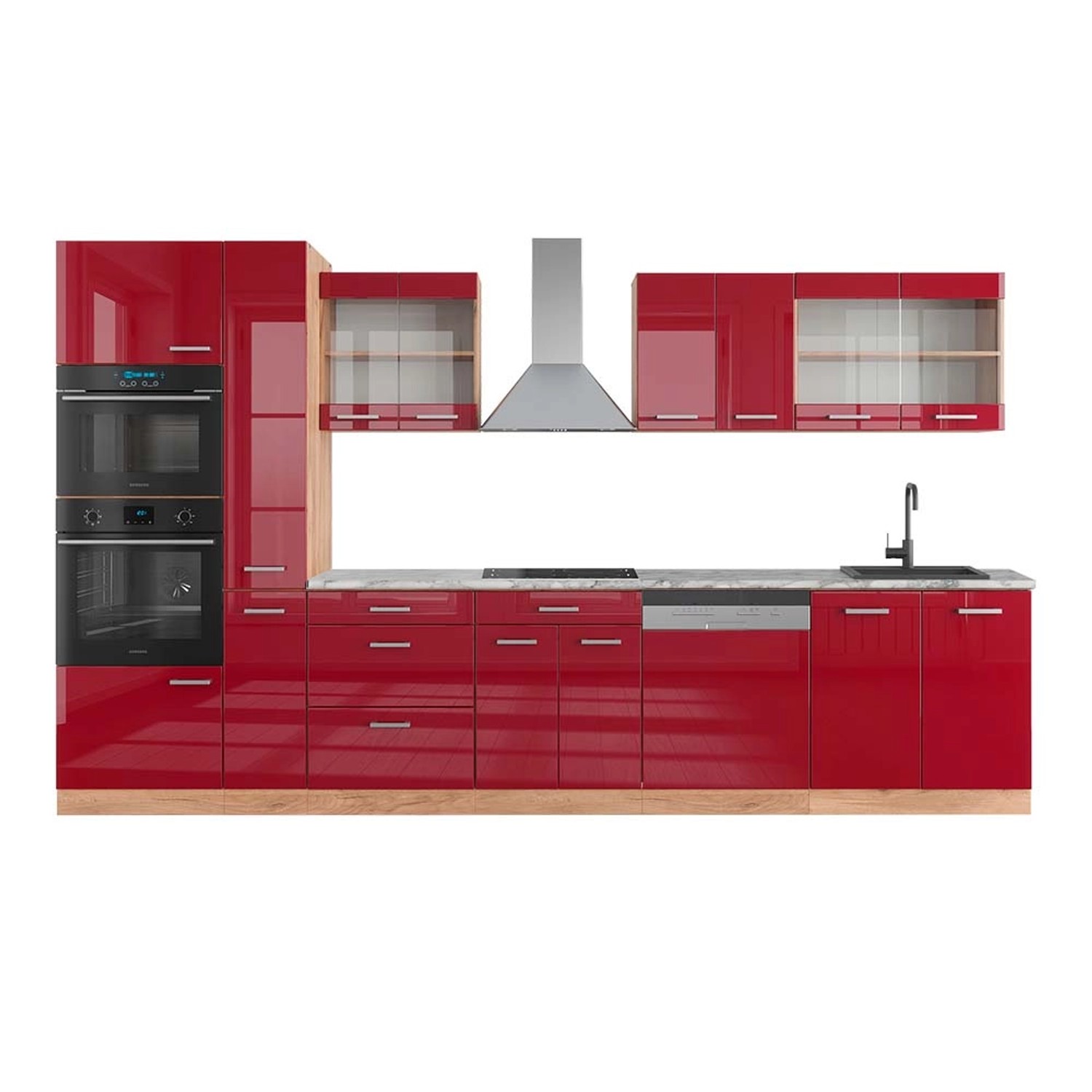 Vicco R-Line Küchenzeile Bordeaux Hochglanz/Goldkraft Eiche 350 cm mit Hoch günstig online kaufen