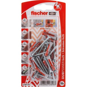 Fischer Dübel DuoPower 5x25 mm, 18er-Set mit Schrauben, für sicheren Halt in Voll- und Lochbaustoffen.