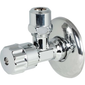 Verchromtes Waschgeräte-Eckventil mit Schubrosette, Anschluss 21 mm (R 1/2) x 10 mm.