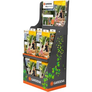 Verkaufsdisplay mit Gardena Sprühnebel-Set City Gardening Outdoor Automatic, Gartenschlauch-Zubehör.
