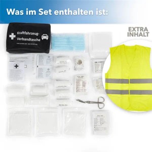 KARAT KFZ-Verbandtasche DIN 13164 mit Warnweste und Masken, Inhalt auf weißem Grund.