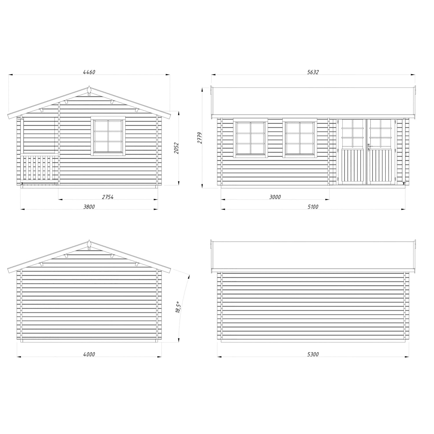 Technische Zeichnung: Palmako Susanna Holz-Gartenhaus, 510x380 cm, Satteldach, Maße und Ansichten.