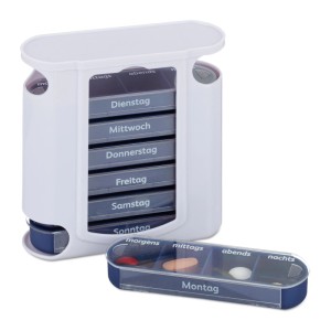 Relaxdays Pillendose Kunststoff Weiß Blau 7 Tage 4 Fächer Schiebedeckel 13 cm x 11,5 cm x 4,5 cm 170 g