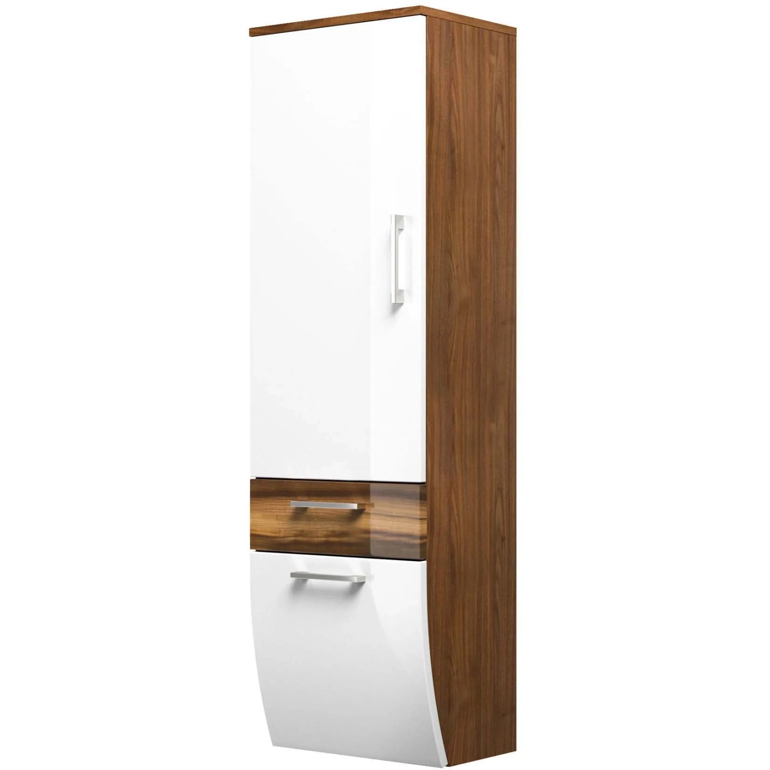 Posseik Bad-Hochschrank Rima, 40 cm, Walnuss-Optik mit weißer Tür und Schubladen.