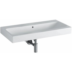 Weißes Geberit iCon Waschbecken, 90 cm breit, mit Überlauf und chromfarbenem Siphon.