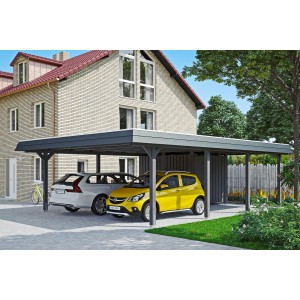 Skan Holz Doppelcarport Wendland in Schiefergrau mit Anbau und zwei parkenden Autos.
