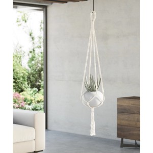 Weiße Makramee Hängeampel mit Topf und Pflanze, Durchmesser 17 cm, Länge 100 cm.