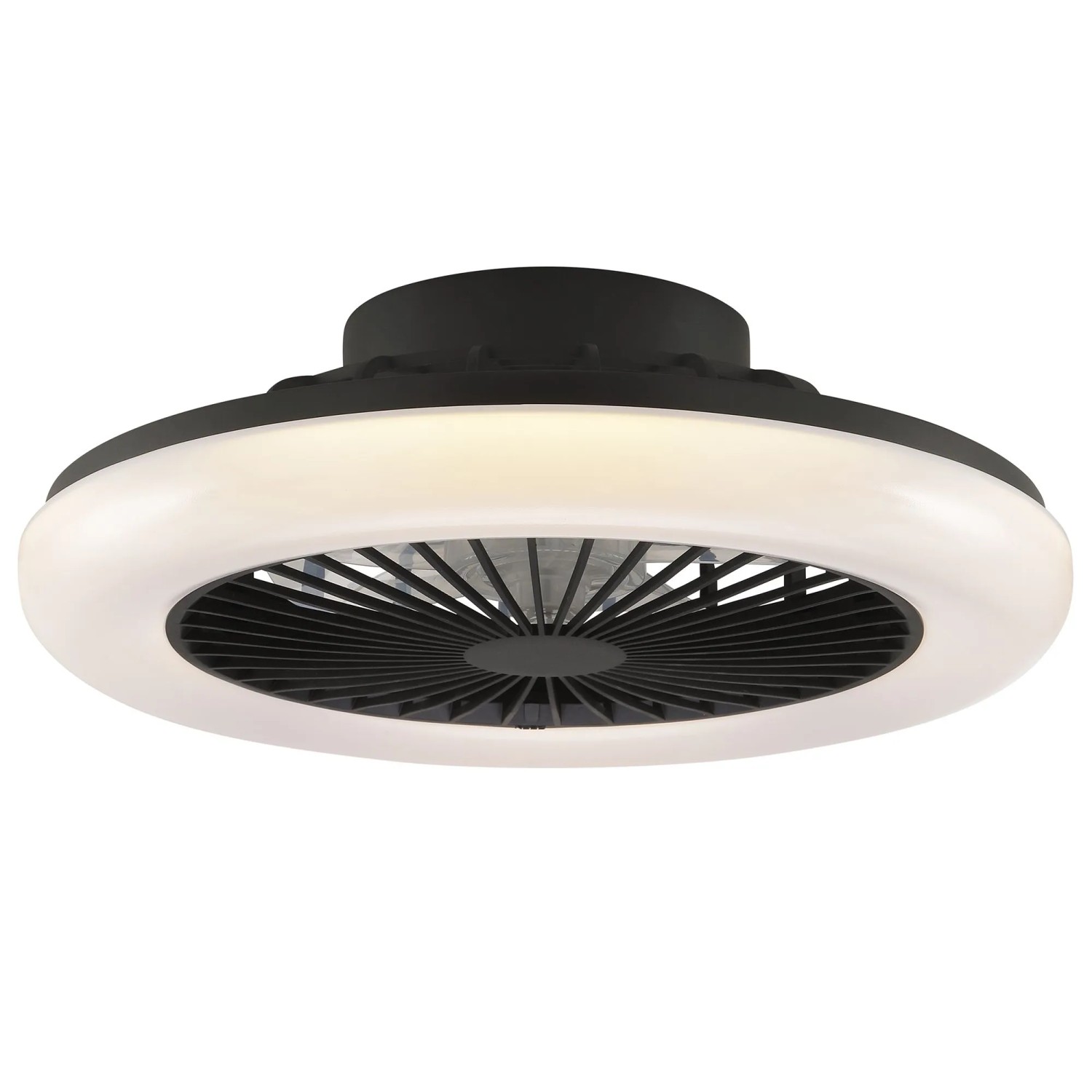 Schwarze LED-Deckenleuchte Montero mit Ventilator, Ø 42cm. Moderne Deckenlampe mit einstellbarer Lichtfarbe.