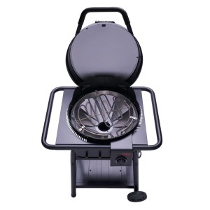 Schwarzer Char-Broil Elektrogrill Patio Bistro E2Coal mit geöffnetem Deckel und Heizelement.