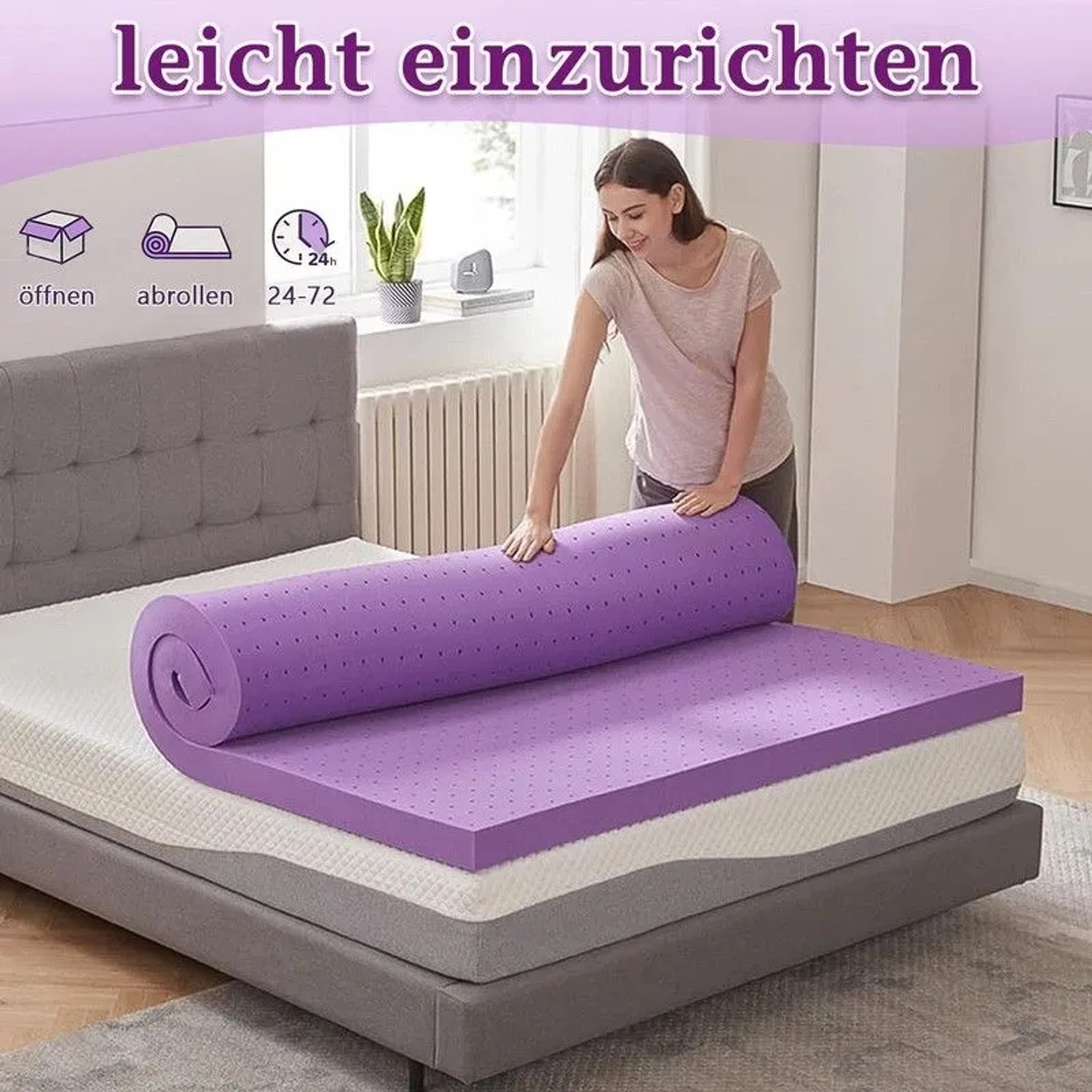 Lila Wenta Gel-Memory-Schaum Topper 180x200 cm wird auf einer Matratze ausgerollt.