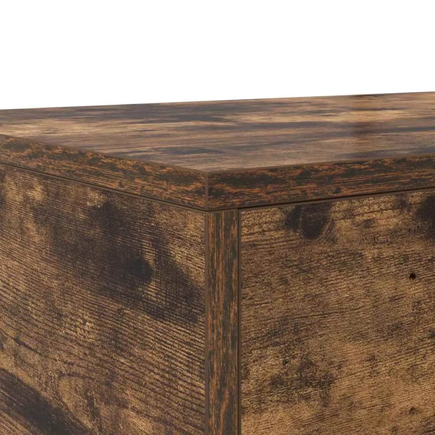 Nahaufnahme der Bettschublade in Räuchereiche-Optik, Holzwerkstoff mit Maserung.