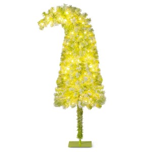 Künstlicher Weihnachtsbaum 150cm mit Schneebeflockung, warmweißen LEDs und gebogener Spitze auf grünem Standfuß.