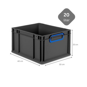 PROREGAL Eurobox Sparset, 20 Liter, schwarz mit blauen Griffen und Auflagedeckel.