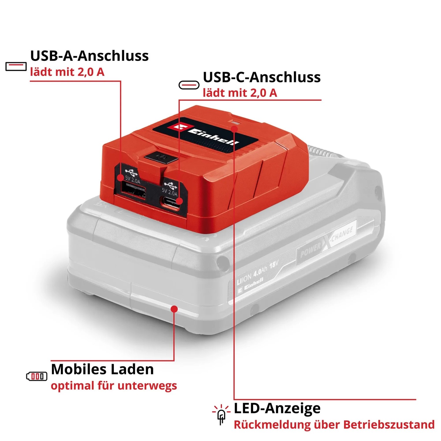 Einhell USB-Akku-Adapter TC-CP 18 Li USB A/C-Solo, rot, auf Akku. Adapter mit USB-A und USB-C Anschluss.