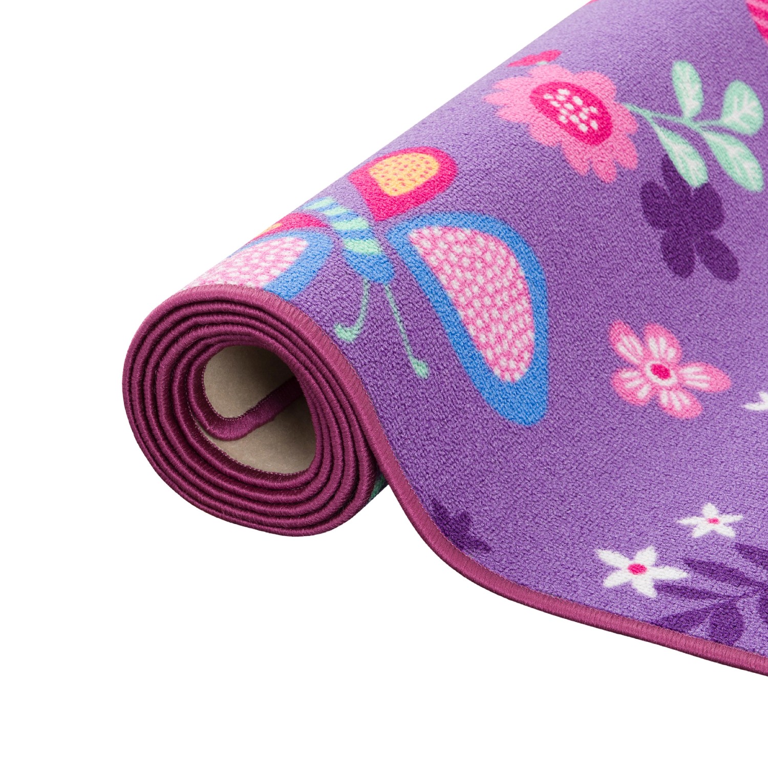 Gerollter, lila Kinderteppich mit Schmetterling und Blumen, 160x160 cm.