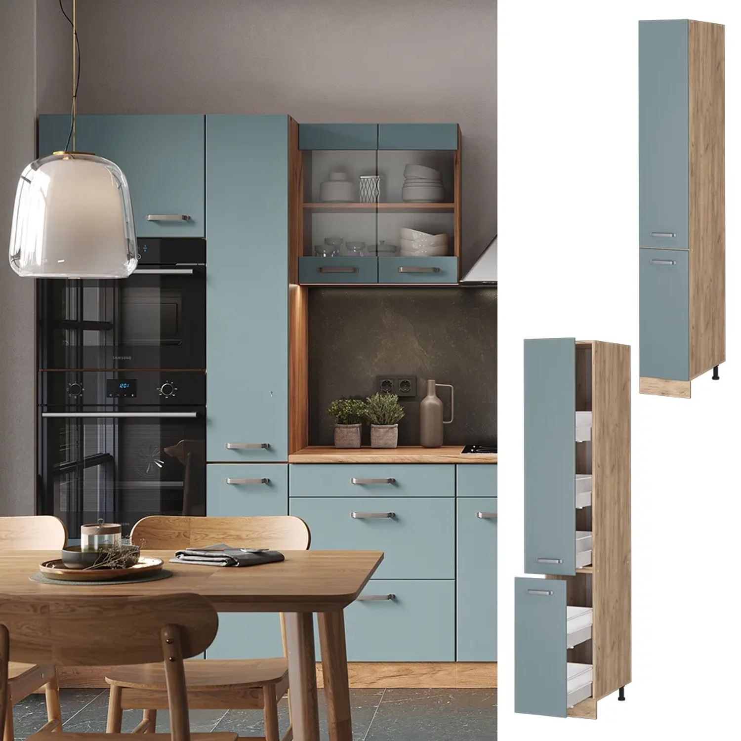 Vicco Apothekerschrank R-Line, blau-grau/Eiche, 30cm, Küchenschrank für mehr Stauraum und Ordnung.