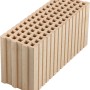 Poroton ThermoBlock® Mauerstein, hellbraun, mit Lochmuster und Rillenstruktur.