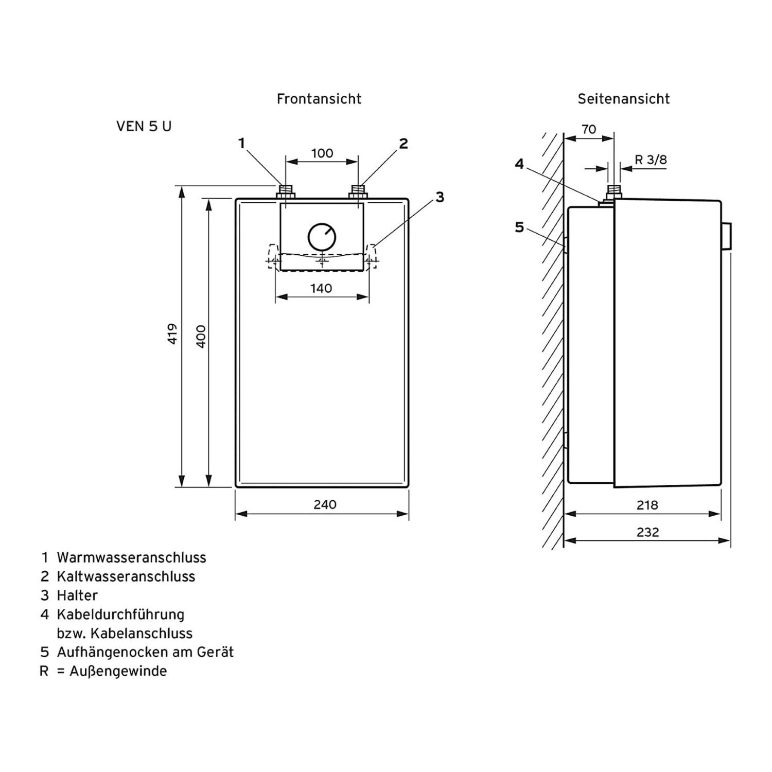 Skizze Vaillant Untertisch-Elektrospeicher VEN5/7UARM 5 Liter mit Maßangaben für Installation.