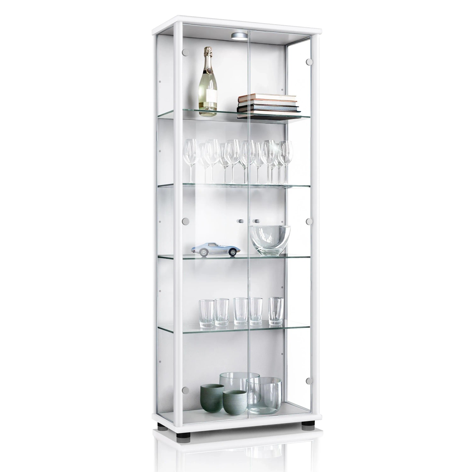 K-Möbel Vitrinenschrank 2,Türig 176x67x33 cm Made in Germany Standvitrine mit LED & 4 Höhenverstellbaren Glasböden Weiss