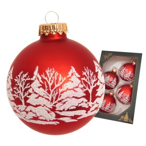 Rote Krebs Glas Weihnachtskugel Winterwald, 7cm, mit Schnee-Motiv, inkl. Verpackung mit weiteren Kugeln.