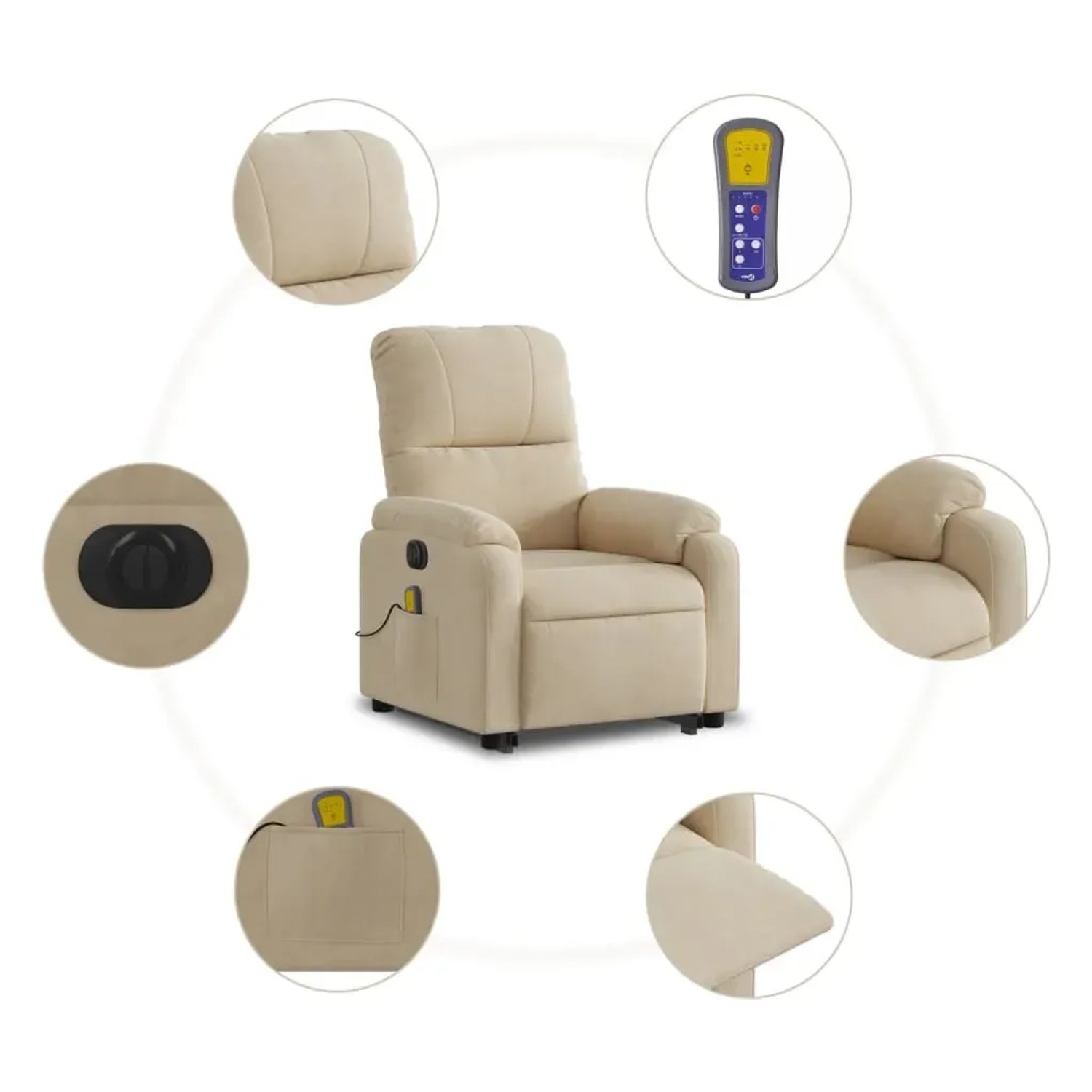 Elektrischer Massagesessel mit Aufstehhilfe in Creme aus Mikrofasergewebe.