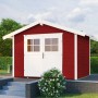 Weka Gartenhaus 122 Gr.5, rot lasiert mit weißer Doppeltür und Satteldach.