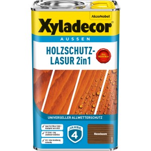 Dose Xyladecor Holzschutz-Lasur 2in1 Nussbaum, matte Holzlasur für den Außenbereich.