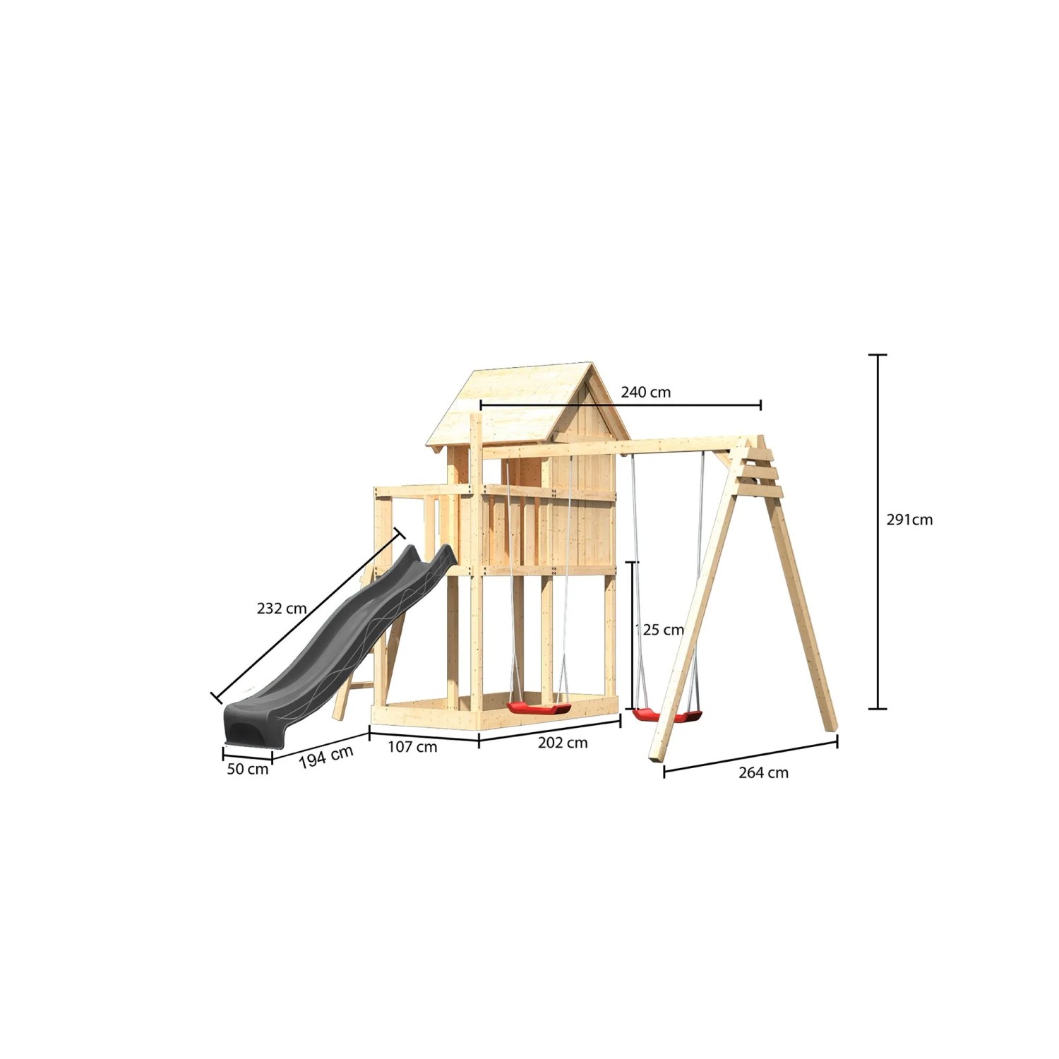 Karibu Spielhaus Frieda mit Rutsche und Doppelschaukel, naturbelassenes Holz mit anthrazitfarbener Rutsche.