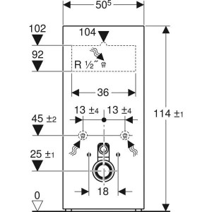 Technisches Maßbild Geberit WC-Modul Monolith für Wand-WC. Frontansicht mit Maßen, Wasser- und Abwasseranschlüssen. Höhe 114 cm.