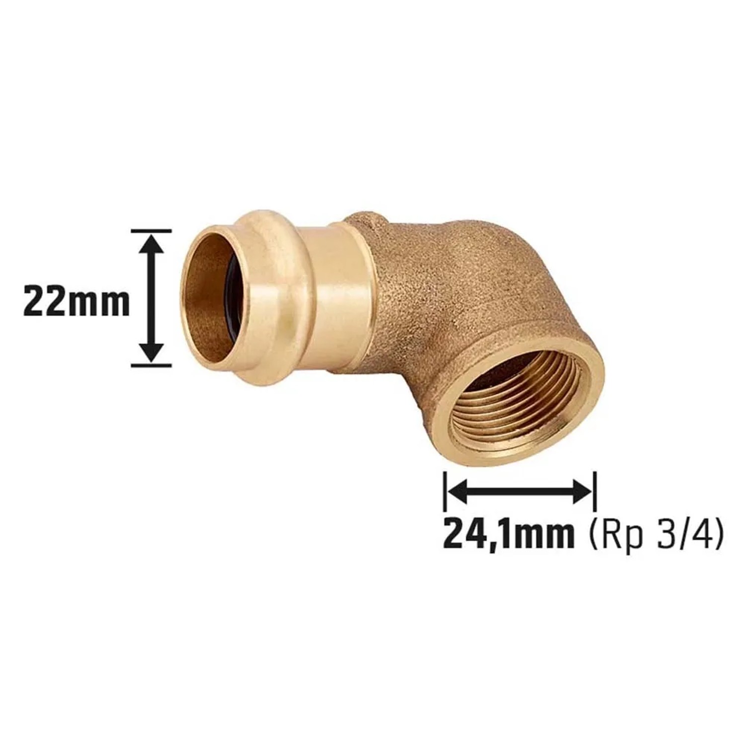 90 Grad Presswinkel aus Rotguss, 22 mm x 24,1 mm (Rp 3/4), für Kupferrohre.