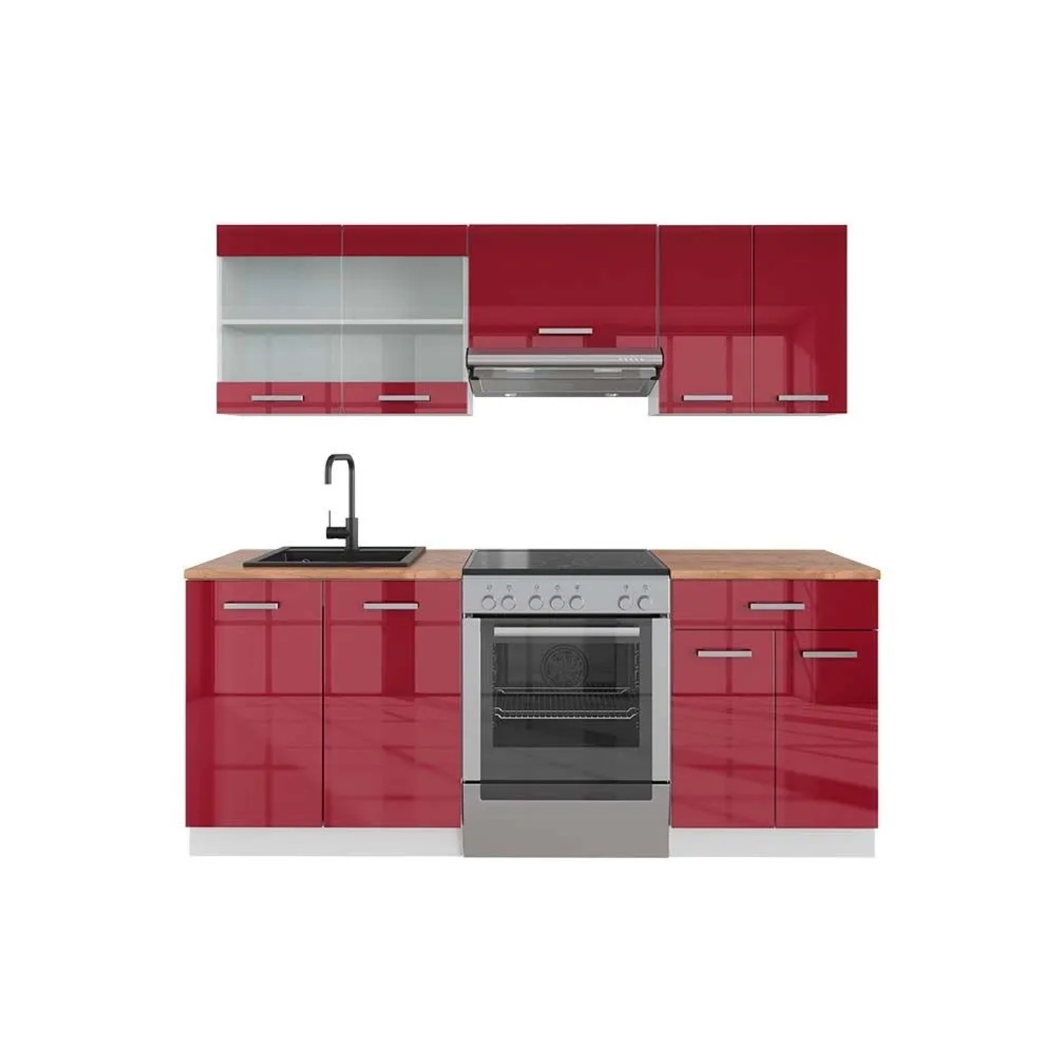 Vicco R-Line Küchenzeile Bordeaux Hochglanz Weiß 200 cm AP Eiche ohne E-Geräte