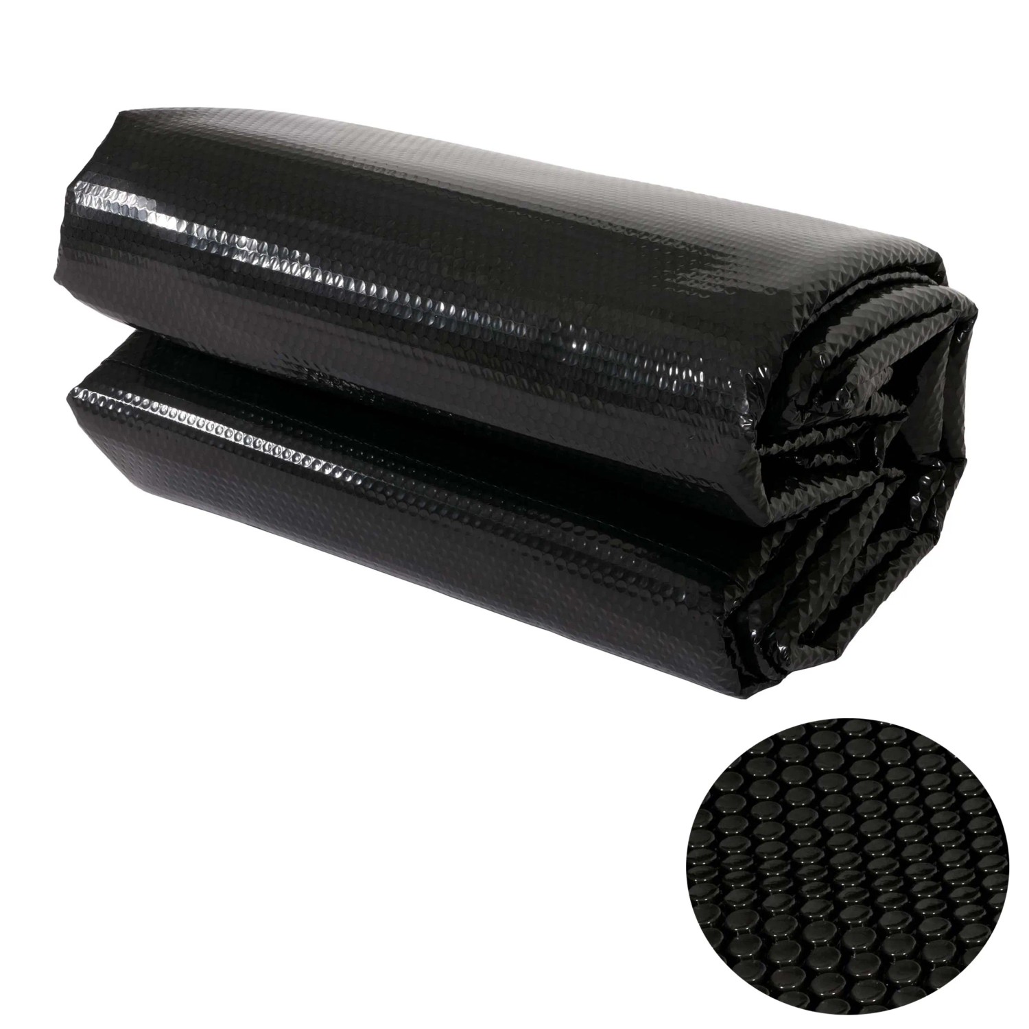 Gerollte, schwarze MCW Pool-Abdeckung 3,66m (rund) aus 400µm PE-Folie. Solarplane für Pools.