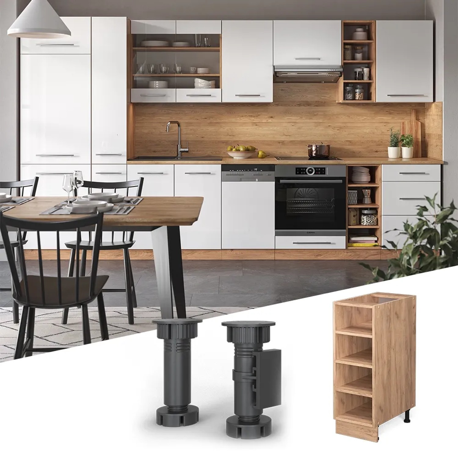 Küchenregal Fame-Line in Goldkraft Eiche, 30 cm breit, ohne Arbeitsplatte. Küchenschrank mit Regalböden.
