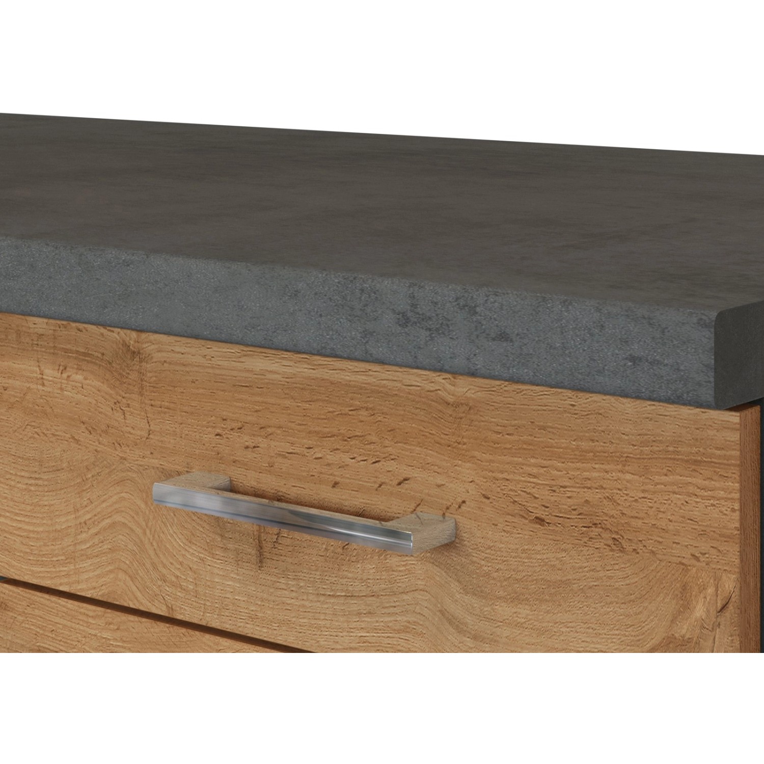 Detailansicht: Küchenzeile Sorrento in Wotaneiche-Grafit mit Arbeitsplatte und Schublade.