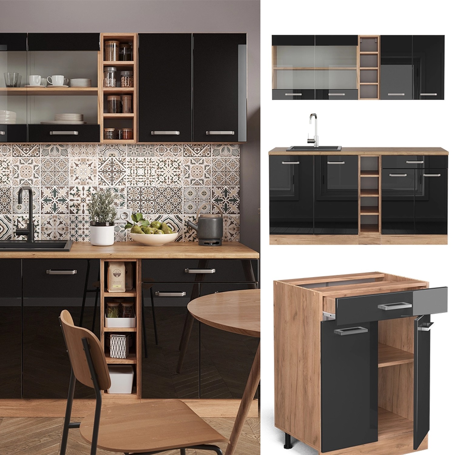 Vicco Singleküche in Schwarz Hochglanz/Eiche, 160 cm Küchenzeile mit Arbeitsplatte in Eiche.