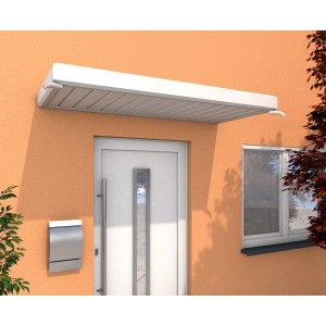Weißes Gutta Rechteckvordach NM 200 über einer Haustür. Rostfreies Montagematerial inklusive.