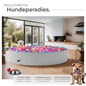 Runder, faltbarer Hundepool Nele (160x30cm) in Grau-Blau, gefüllt mit bunten Bällen. Rutschfest & einfach zu verstauen.