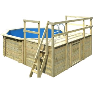 Karibu Holzpool Set mit drei Sonnenterrassen und Leiter. Kesseldruckimprägniertes Holz.