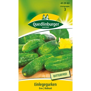 Samenpackung Quedlinburger Einlegegurke 'Eva' mit dunkelgrünen, robusten Gurken.